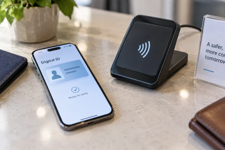 Phone displaying digital ID and wireless card reader showing mobile driver’s license comparison.