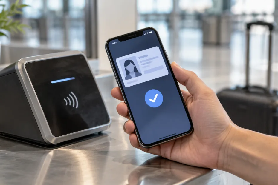 Person uses digital ID on smartphone for secure access or verification.