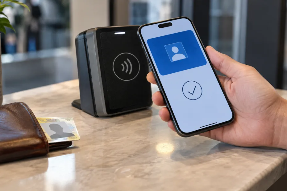 Person using digital ID on smartphone near a card reader, questioning if a physical ID is still necessary.