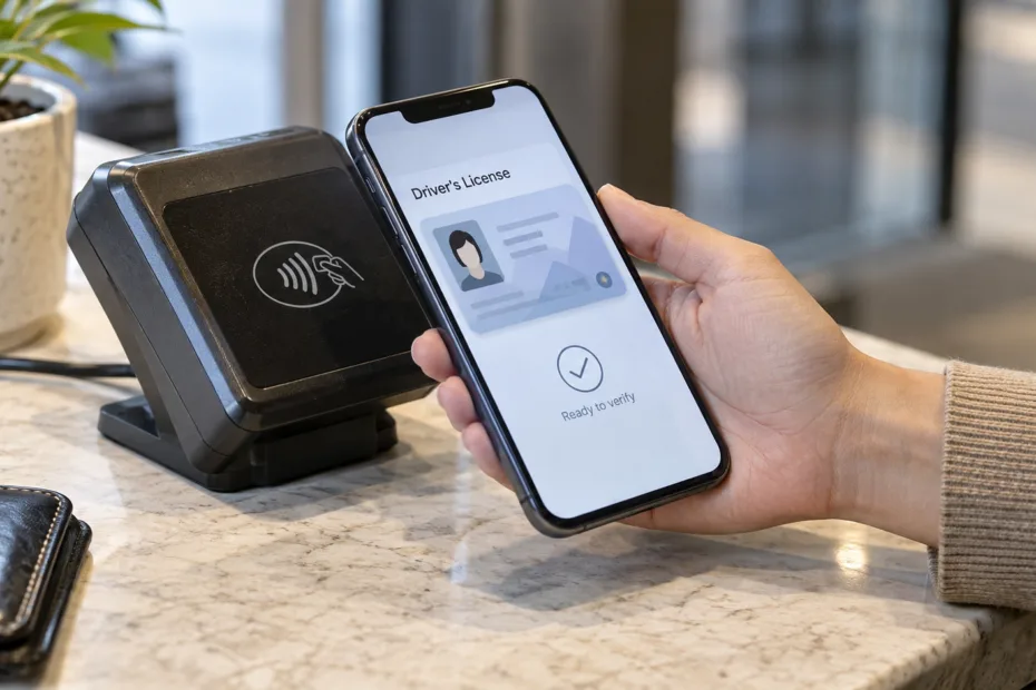 Person uses a smartphone with a mobile driver's license (mDL) at a security scanner for verification.