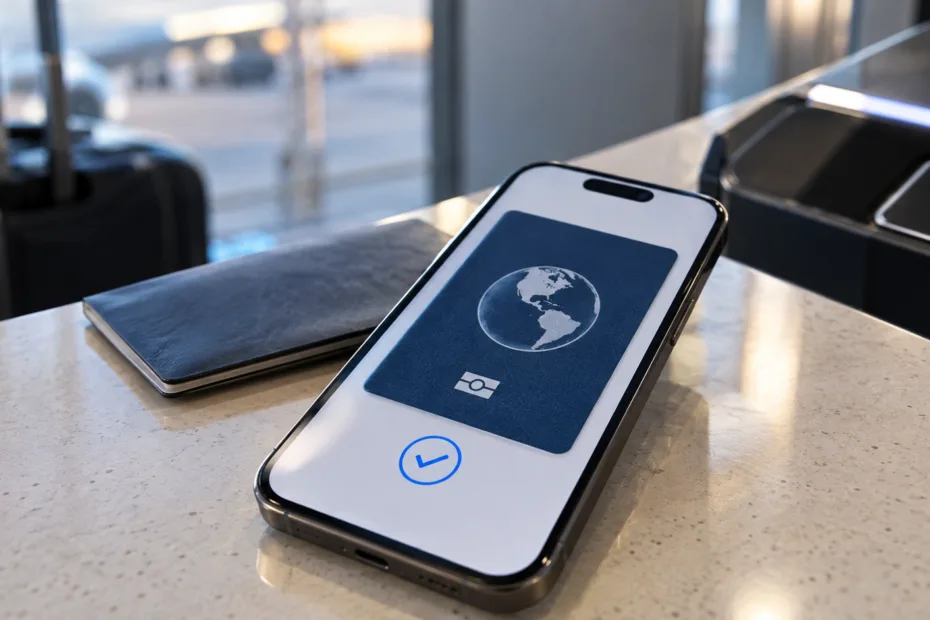 Smartphone shows Google Wallet ID Pass used for digital passport verification.