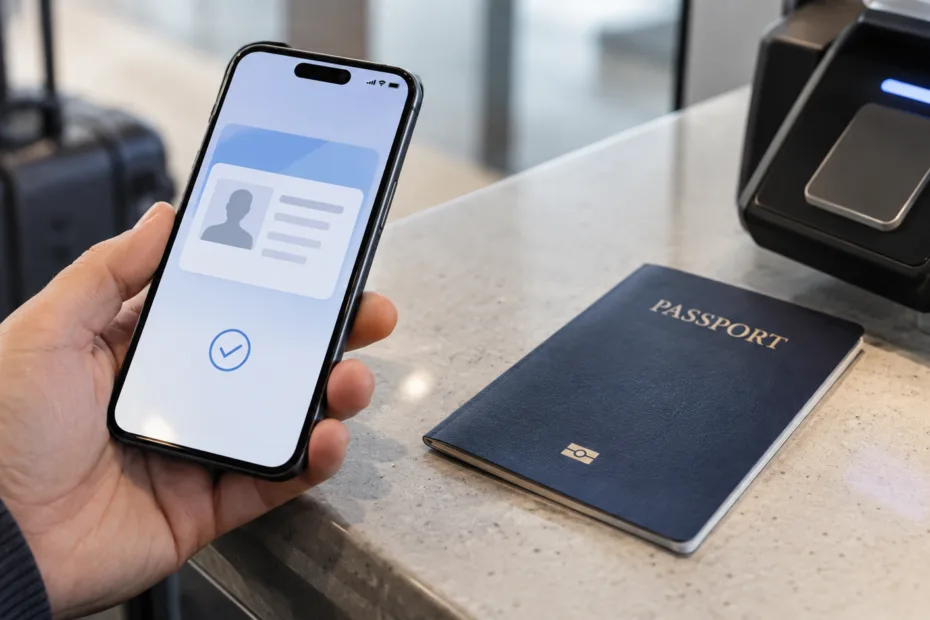Person holds a smartphone displaying a passport digital ID next to an actual passport on a table.