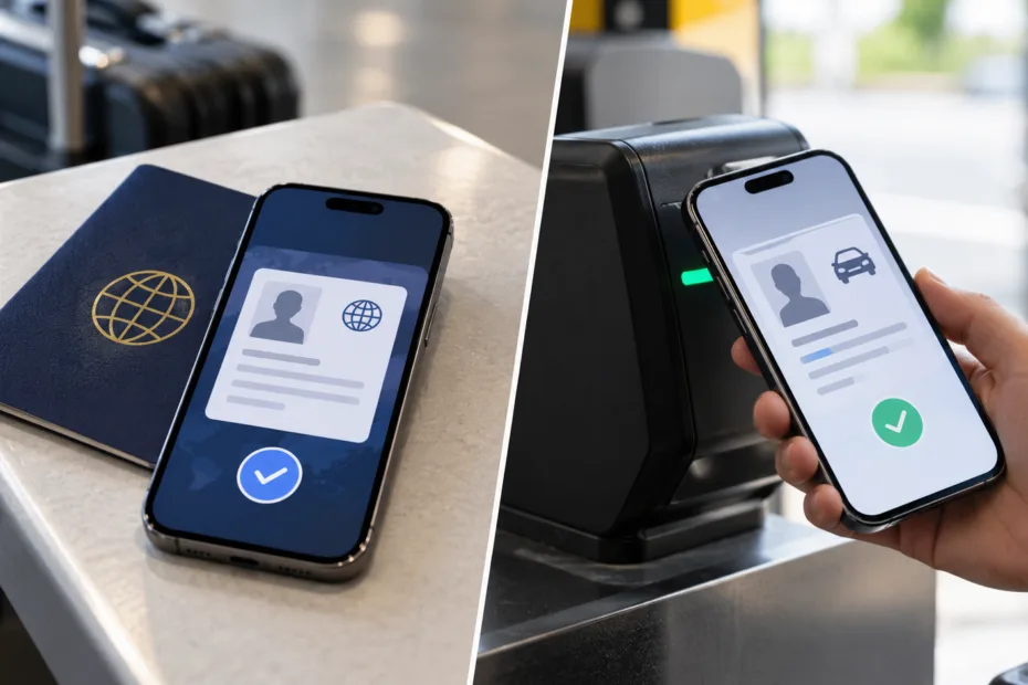 A smartphone displaying a passport digital ID on the left and a mobile driver’s license on the right, comparing digital ID op…
