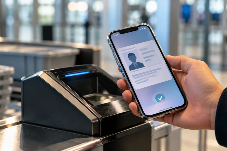 A person uses a smartphone with a TSA Digital ID to pass through airport security efficiently.