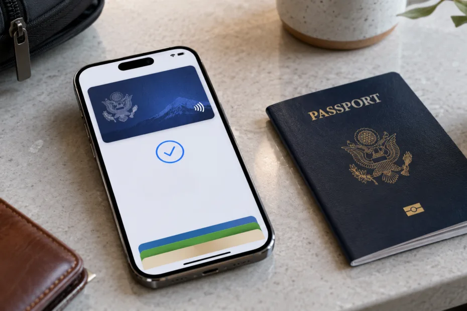 Digital ID for U.S. passports stored in Apple Wallet ready for use on compatible devices.